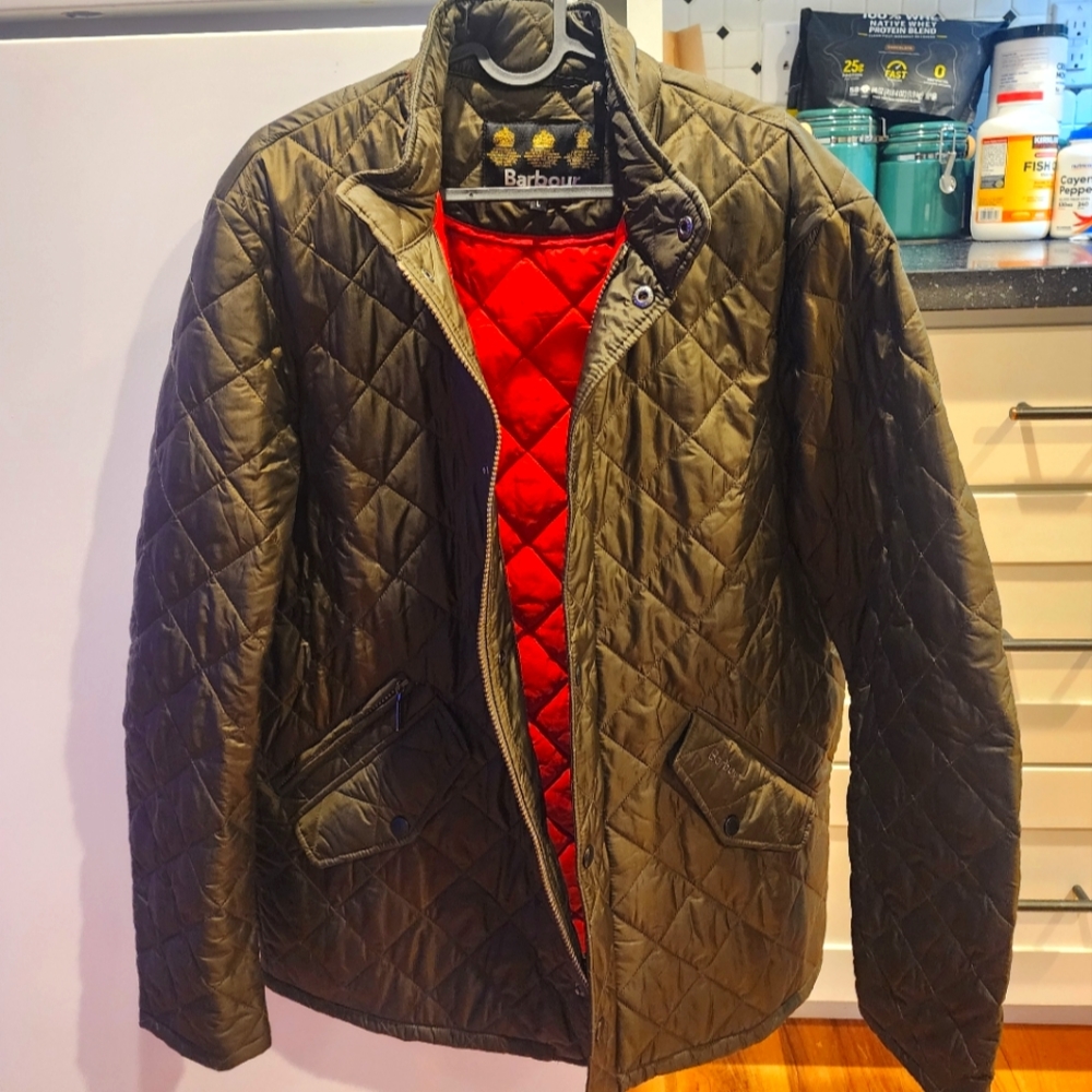 Barbour Khaki Quilted Jacket with Vibrant Red Interior
